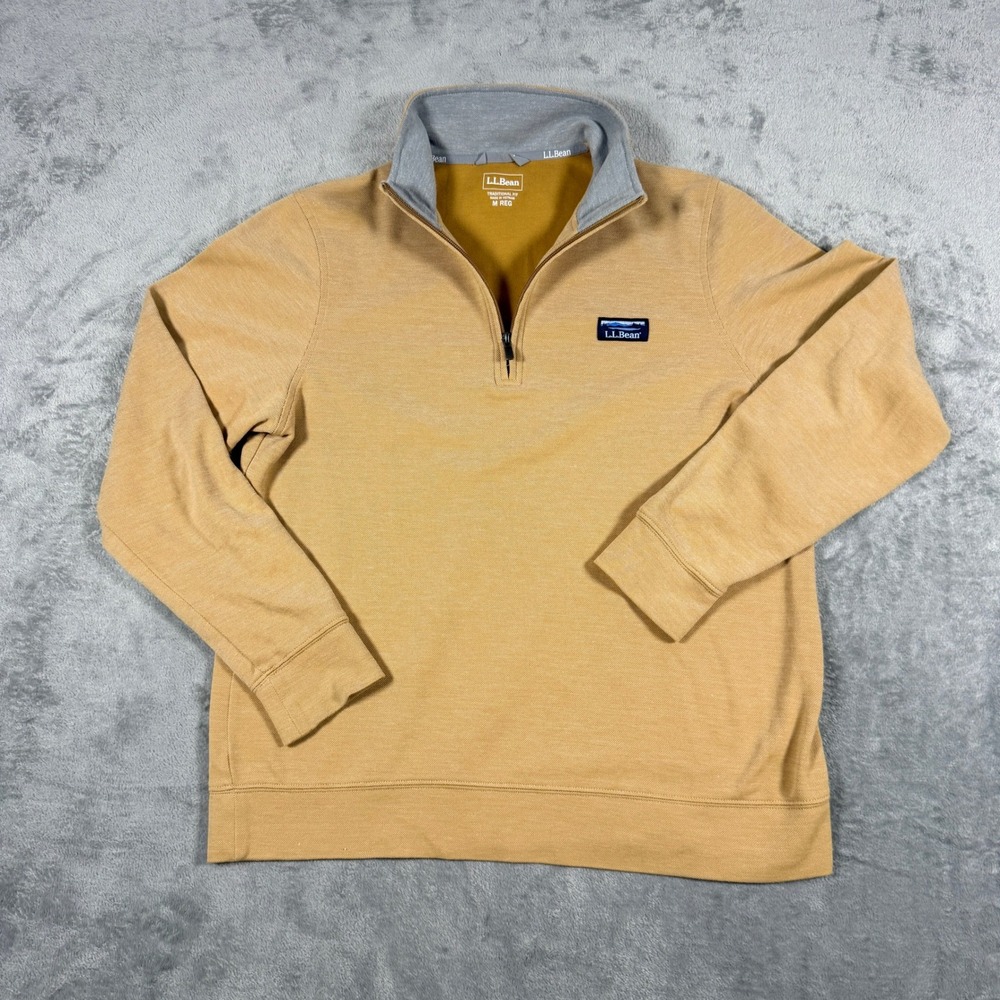 LL Bean Mens Medium Quarter Zip Pullover Sweater Tan Ochre Traditional Fit